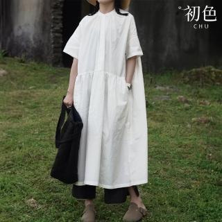 【初色】日系寬鬆素色百搭輕薄長款圓領五分秀連衣裙連身洋裝長洋裝-共2色-35502(L-2XL可選)