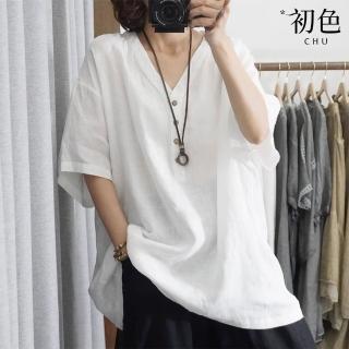 【初色】韓版寬鬆純色休閒V領五分袖T恤上衣女上衣-共2色-35501(L-2XL可選)