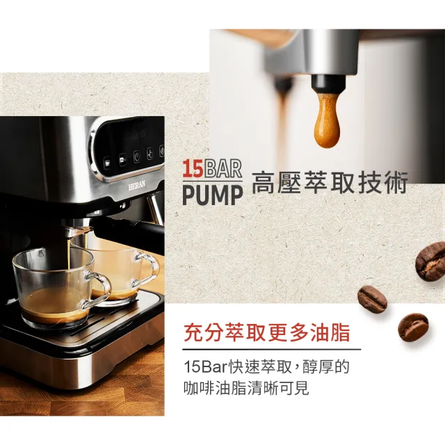 【HERAN 禾聯】LED微電腦觸控義式咖啡機(HCM-15XBE10)+Nespresso膠囊咖啡專用手柄