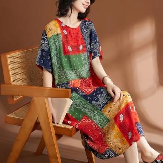 【AKARA】涼感 棉麻 大碼 清質感棉麻拼布彩洋裝 3XL可(涼感 棉麻 中大尺碼)