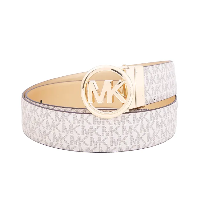 【Michael Kors】圓形LOGO 滿版MK雙面皮帶(香草/金)