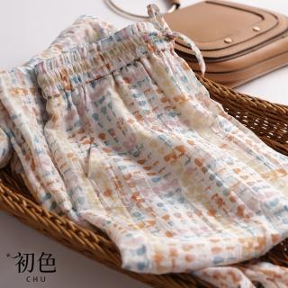 【初色】印花彈性腰圍綁帶休閒褲寬褲長褲-花色-35399(M-2XL可選)