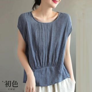 【初色】日系純色棉麻圓領褶皺修身寬鬆透氣短袖T恤上衣女上衣-共5色-35446(M-3XL可選)