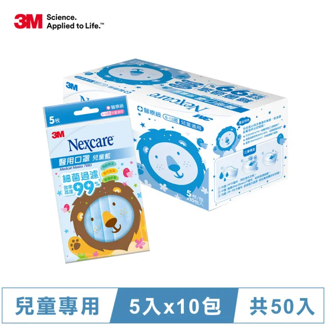 【3M】醫用口罩-兒童專用 藍色 50片(5片x10包)