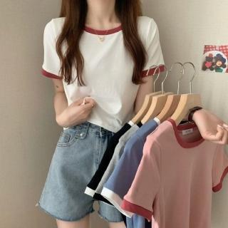 【ONEY 歐妮】★圓領修身撞色短款上衣(女上衣/短袖/休閒)