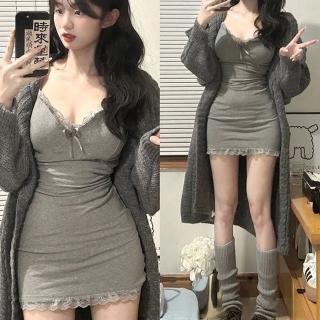 【D.studio】韓版V領蕾絲吊帶背心(帶胸墊免穿內衣吊帶裙短裙連身裙 連衣裙套裝上衣洋裝女裝衣服 V358)