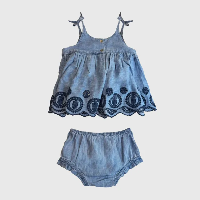 【GAP】嬰兒裝 純棉圓領吊帶短褲家居套裝-水洗藍(402649)