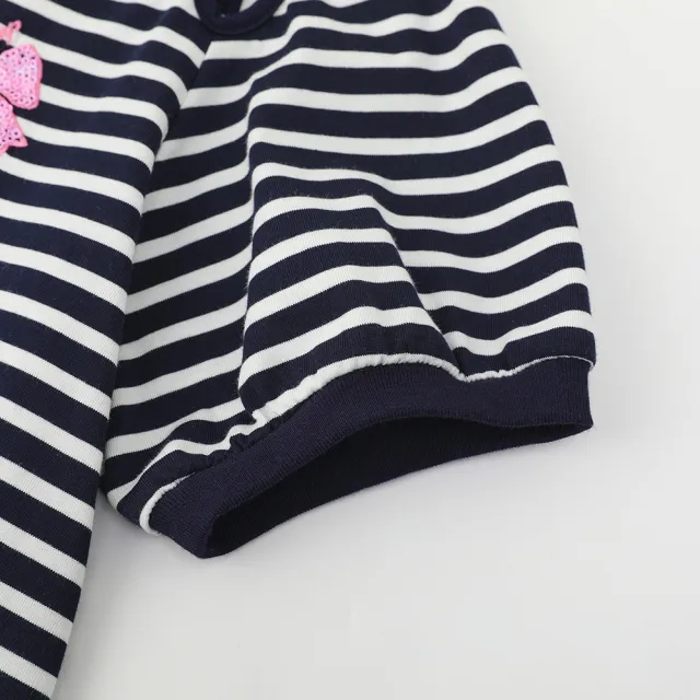 【GAP】女童裝 Logo純棉刺繡圓領短袖T恤-藍白條紋(465414)