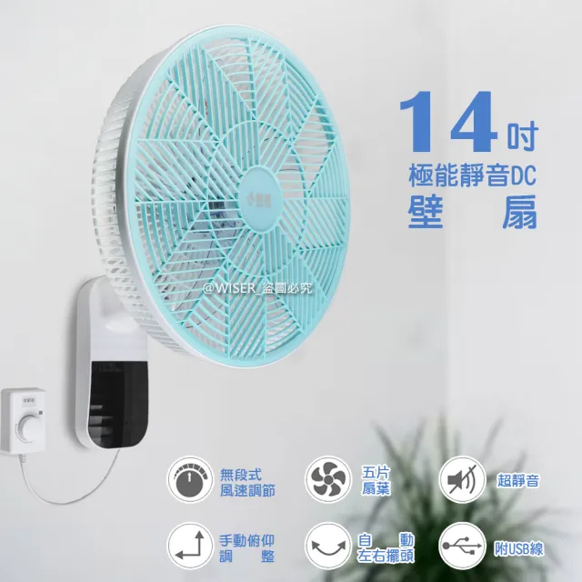 【勳風】14吋旋風式DC扇涼風扇/掛扇/壁扇-可用行動電源(無段微調/不怕停電-HF-B36U)