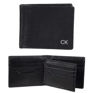 【Calvin Klein 凱文克萊】CK 立體橫條雙錢層附相片夾男短夾 帥氣黑(ck短夾 黑色 男夾 男皮包 男女通用)