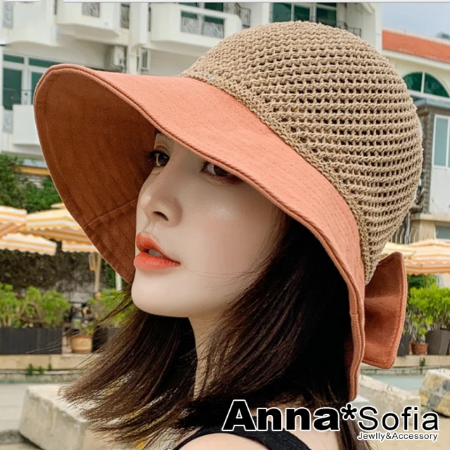 AnnaSofia 遮陽防曬寬簷漁夫帽盆帽-拼接網鏤蝶結 現貨 送禮(暖橘系)