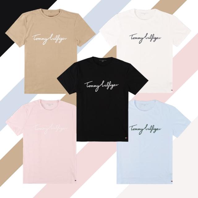 【Tommy Hilfiger】女生短T 刺繡  情侶裝 草寫LOGO一字短袖 短袖 短T(百搭爆款/男女組合)
