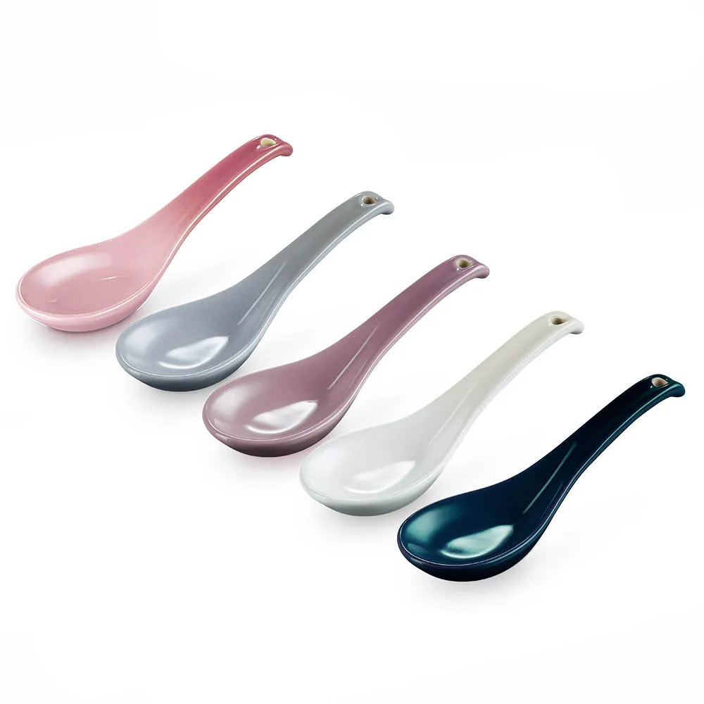 【Le Creuset】瓷器中式湯匙組 5入(薔薇粉/迷霧灰/蛋白霜/錦葵紫/極光午夜藍)