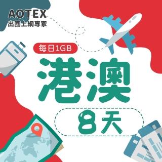 【AOTEX】8天香港上網絡卡澳門上網絡卡每日1GB高速4G網速(港澳手機SIM卡網路卡預付卡無限流量)
