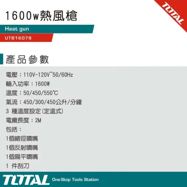 【TOTAL】高功率熱風槍 1600W UTB16078(三段式調溫 全配件)