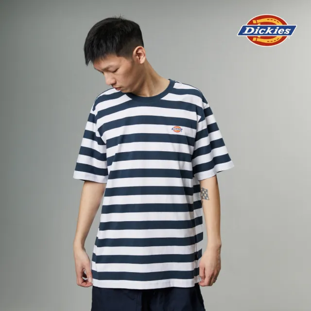 【Dickies】男女款海軍藍撞色條紋純棉胸前品牌Logo印花短袖T恤｜DK012957AF0