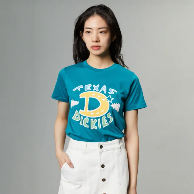 【Dickies】女款深湖綠純棉胸前大尺寸趣味文字印花短袖T恤｜DK011631E64