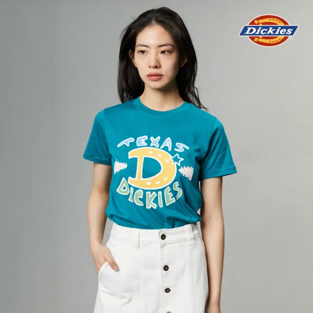 【Dickies】女款深湖綠純棉胸前大尺寸趣味文字印花短袖T恤｜DK011631E64