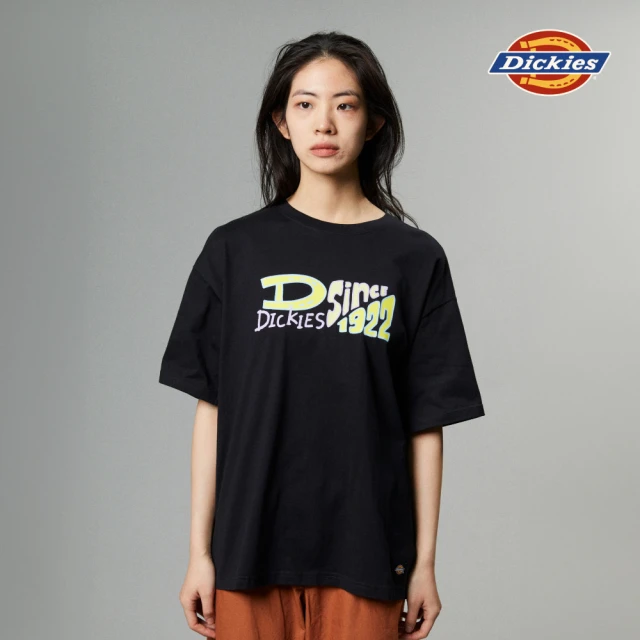 【Dickies】女款黑色純棉胸前趣味文字印花圖案寬鬆短袖T恤｜DK011623BLK