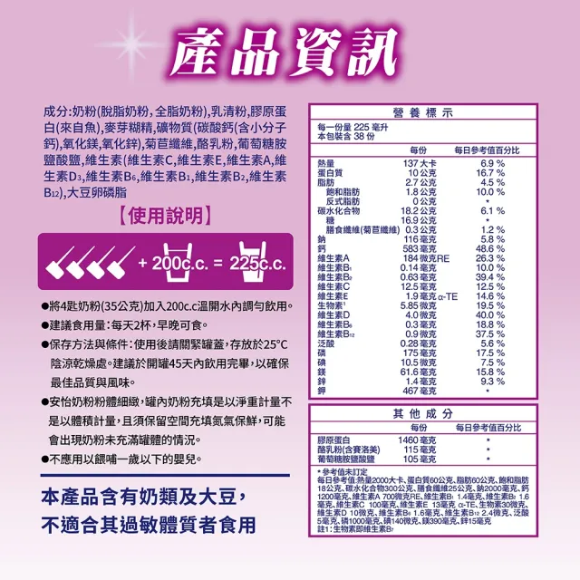 【Anlene 安怡】膠原蛋白牛奶賽洛美高鈣低脂機能奶粉1350g/罐