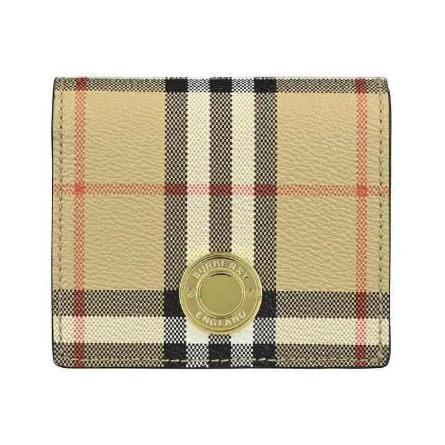 【BURBERRY 巴寶莉】BURBERRY經典壓印LOGO格紋PVC 4卡釦式對折短夾(典藏米x棕)