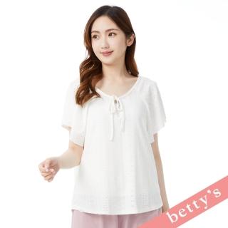 【betty’s 貝蒂思】飄逸滿分寬領綁帶落肩鏤空蕾絲上衣(白色)