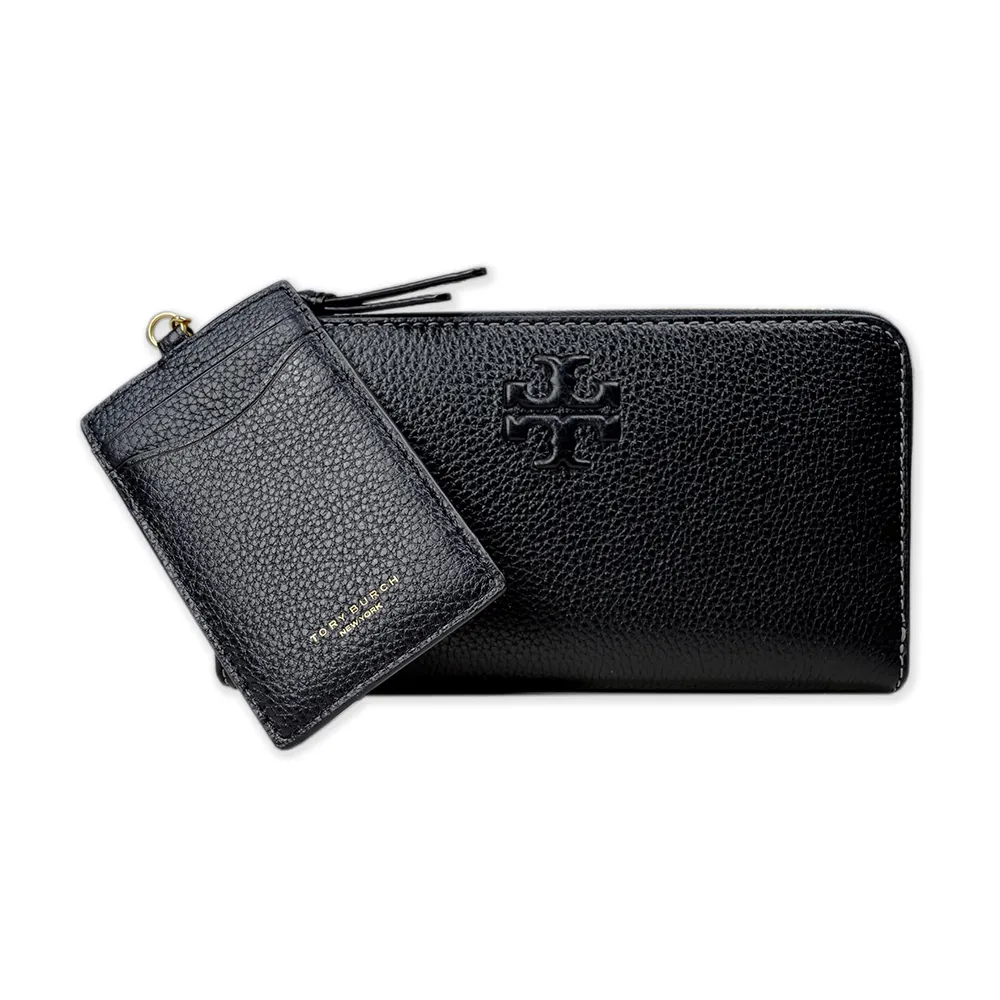 【TORY BURCH】Thea系列簡約黑TB logo牛皮拉鍊長夾/附證件夾(146471-001)