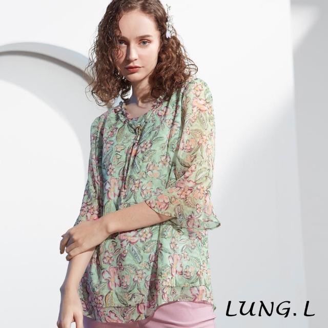 【LUNG.L 林佳樺】LP37A粉綠色印花長板A-line雪紡七分袖上衣(春夏新品 加大尺碼)