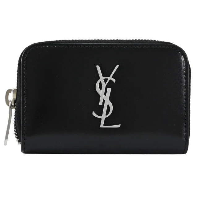 YSL 經典字母LOGO小牛皮信用卡名片三層拉鍊零錢包(黑)