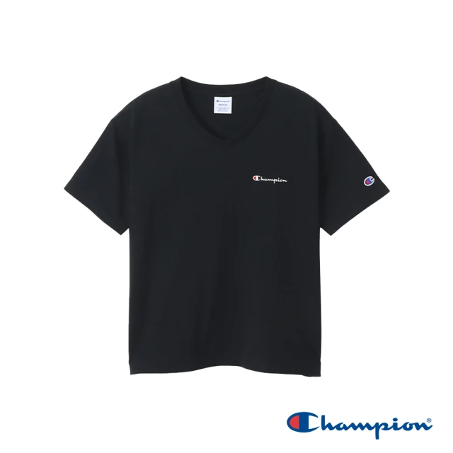 Champion 官方直營-純棉寬版草寫LOGO刺繡V領短袖TEE-女(黑色)