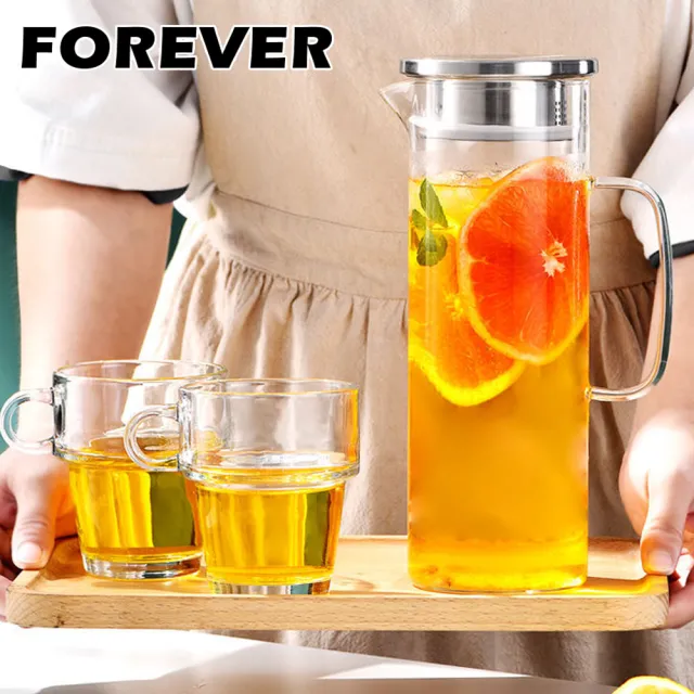 【日本FOREVER】耐熱玻璃水壺1L手柄圓型款(買一送一)