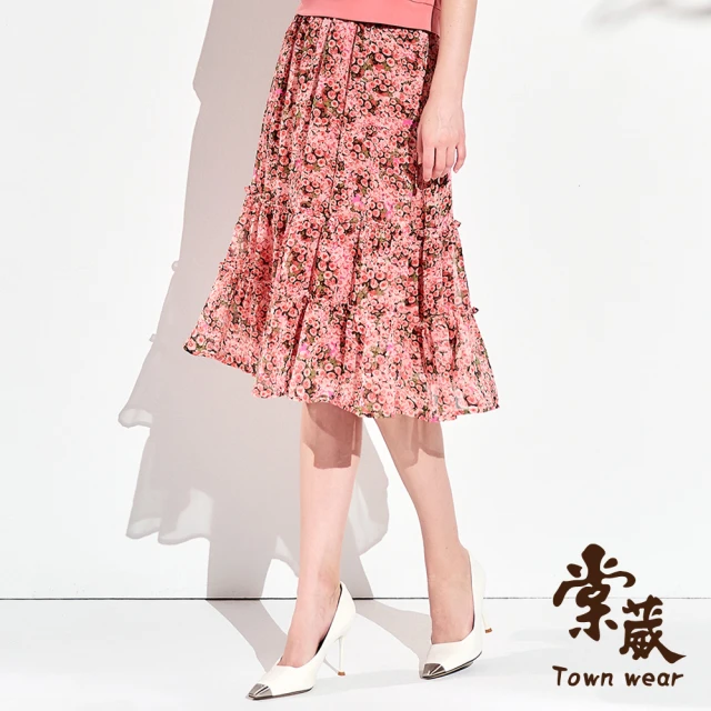 TOWN’WEAR 棠葳 古典玫瑰印花雪紡中長裙(中大尺碼/女下身/女下著/裙子/腰頭彈性/清涼/氣質/套裝)