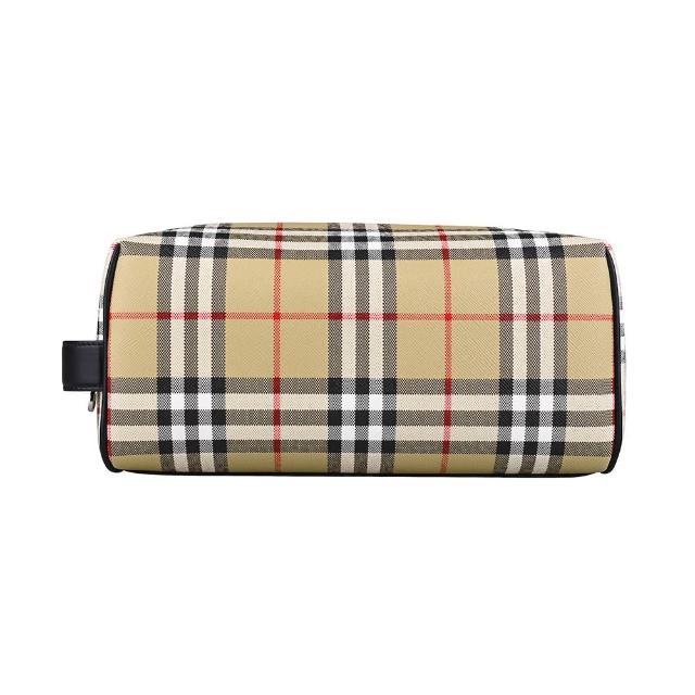 【BURBERRY 巴寶莉】BURBERRY Vintage格紋LOGO PVC拉鍊男士手拿化妝包(典藏米)