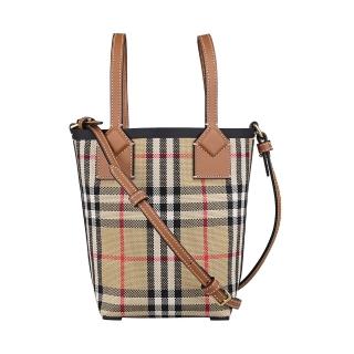【BURBERRY 巴寶莉】BURBERRY London格紋織布手提斜背托特包(迷你/典藏米x棕x酒紅)