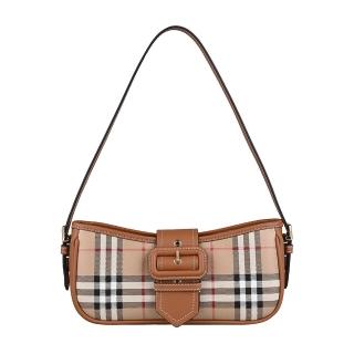 【BURBERRY 巴寶莉】BURBERRY Sling經典LOGO格紋PVC搭小牛皮釦式拉鍊肩背包(典藏米x石南棕)