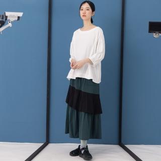 【MOSS CLUB】花苞腰頭荷葉拼色蛋糕長裙(黑 綠)