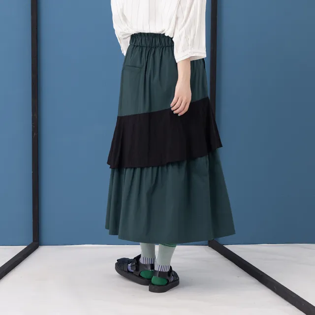 【MOSS CLUB】花苞腰頭荷葉拼色蛋糕長裙(黑 綠)