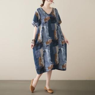 【AKARA】涼感 棉麻 大碼 清質感棉麻藍染短袖洋裝 3XL可(涼感 棉麻 中大尺碼 短袖)
