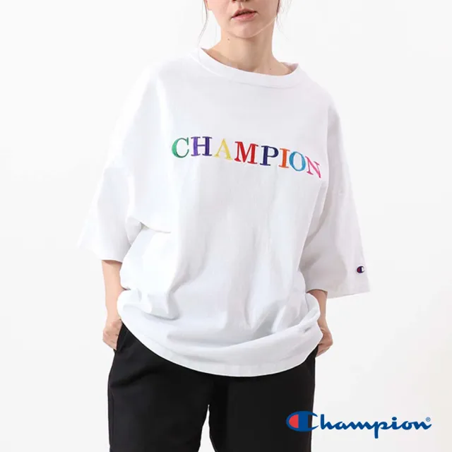 【Champion】官方直營-純棉寬版落肩彩色LOGO刺繡短袖TEE-女(白色)