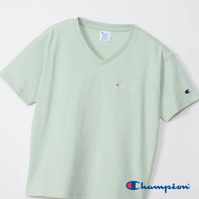 【Champion】官方直營-純棉寬版草寫LOGO刺繡V領短袖TEE-女(淺綠色)