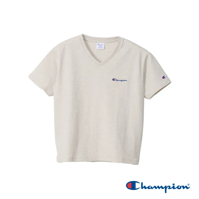 【Champion】官方直營-純棉寬版草寫LOGO刺繡V領短袖TEE-女(淡米色)