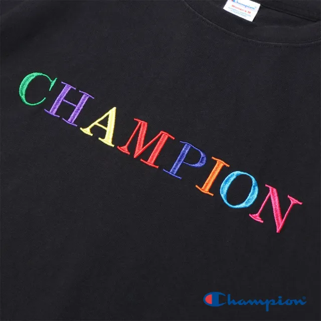 【Champion】官方直營-純棉寬版落肩彩色LOGO刺繡短袖TEE-女(黑色)