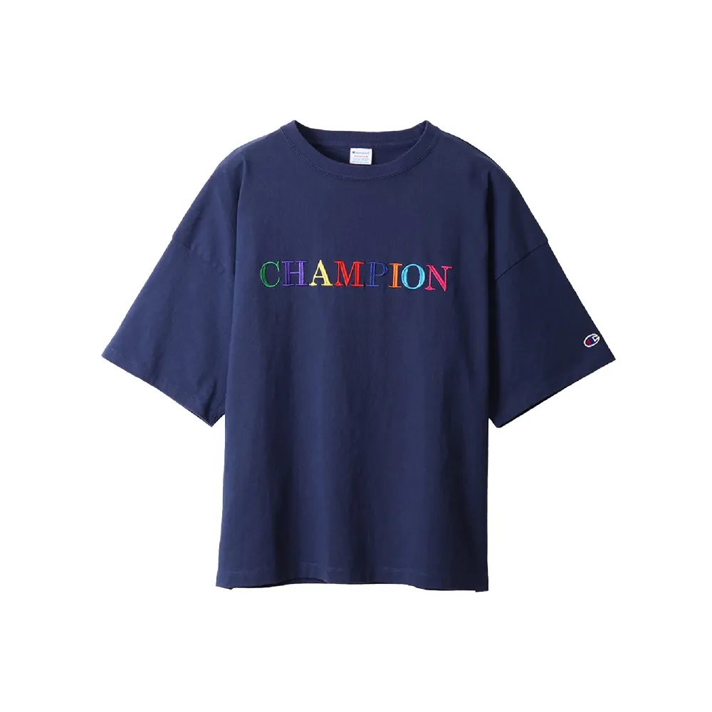 【Champion】官方直營-純棉寬版落肩彩色LOGO刺繡短袖TEE-女(深藍色)