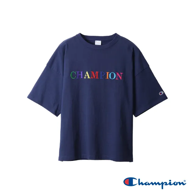 【Champion】官方直營-純棉寬版落肩彩色LOGO刺繡短袖TEE-女(深藍色)