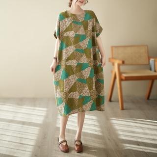 【AKARA】涼感 棉麻 大碼 清質感棉麻仙草凍短袖洋裝 3XL可(涼感 棉麻 中大尺碼 短袖)