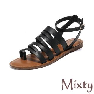 【MIXTY】低跟涼鞋 羅馬涼鞋/時尚歐美縷空繫帶夾趾設計復古低跟羅馬涼鞋(黑)