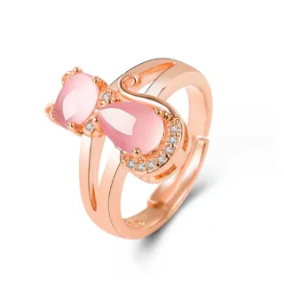 【Jpqueen】粉色貓咪可愛女款開口可調整戒指(玫瑰金)