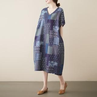 【AKARA】涼感 棉麻 大碼 清質感棉麻拼貼畫短袖洋裝 3XL可(涼感 棉麻 中大尺碼 短袖)