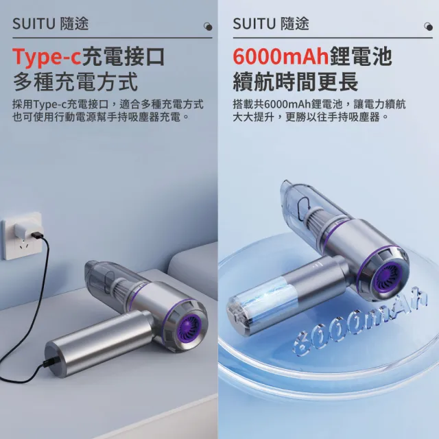【SUiTU】無刷電機Plus款 USB充電 強勁吸力款 車用吸塵器 ST-6653Plus 隨途(家車吹吸兩用 無線手持款)