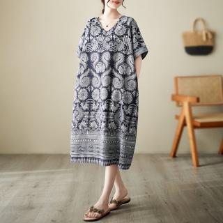 【AKARA】涼感 棉麻 大碼 清質感棉麻青花瓷短袖洋裝 3XL可(涼感 棉麻 中大尺碼 短袖)